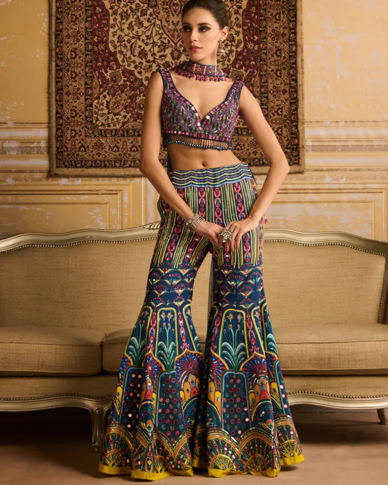Teal Embroidered Blouse And Gharara Set