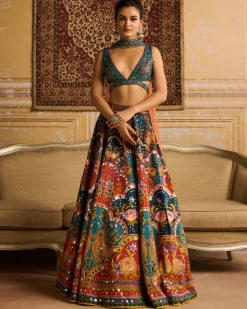 Teal Embroidered Blouse And Lehenga Set