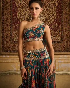 Teal Embroidered Blouse And Pleated Pants