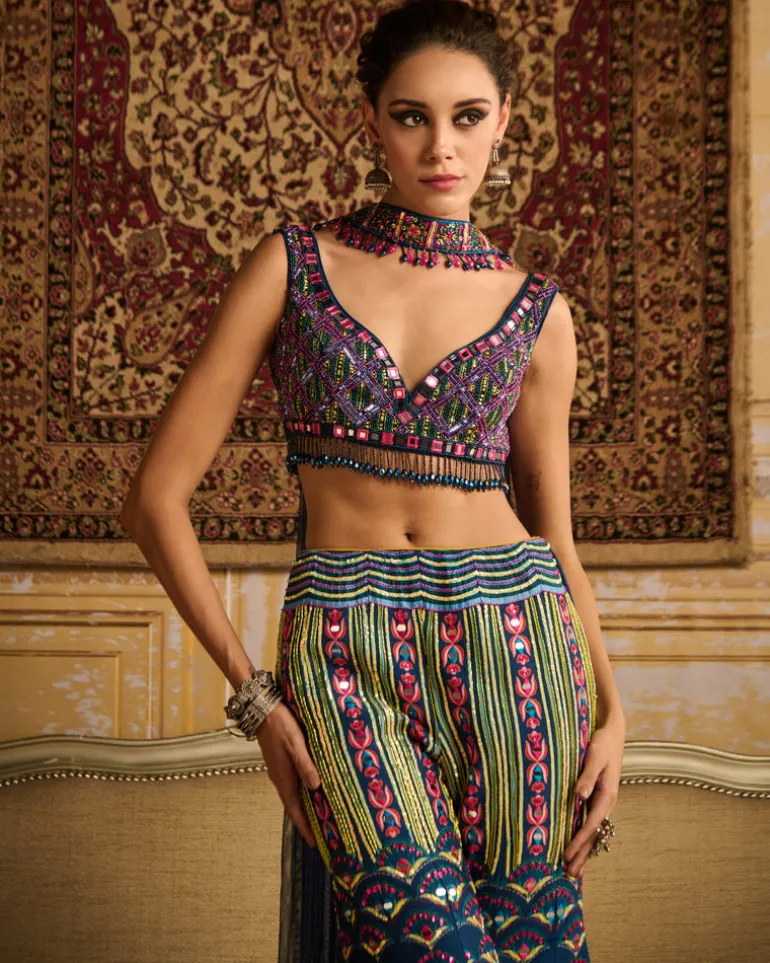 Teal Embroidered Blouse And Gharara Set