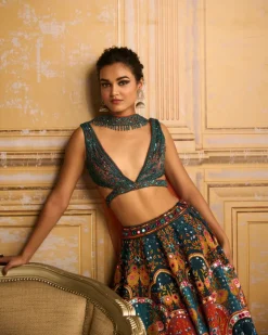 Teal Embroidered Blouse And Lehenga Set