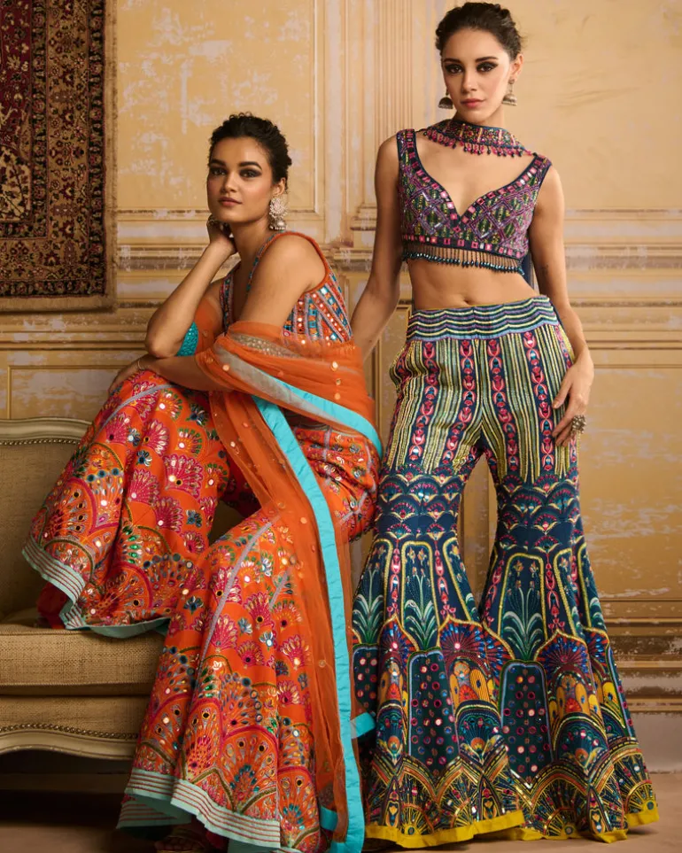 Teal Embroidered Blouse And Gharara Set
