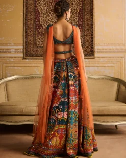 Teal Embroidered Blouse And Lehenga Set