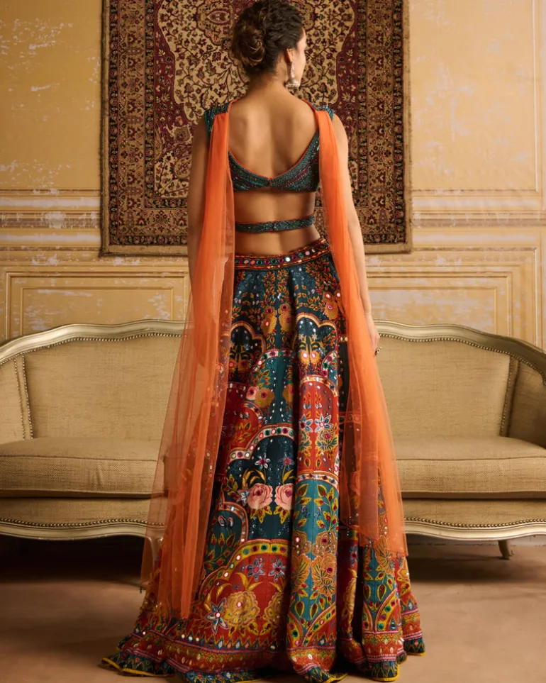 Teal Embroidered Blouse And Lehenga Set