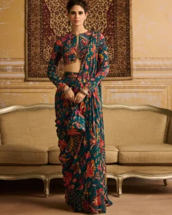 Teal Embroidered Blouse With Pant Sari Set