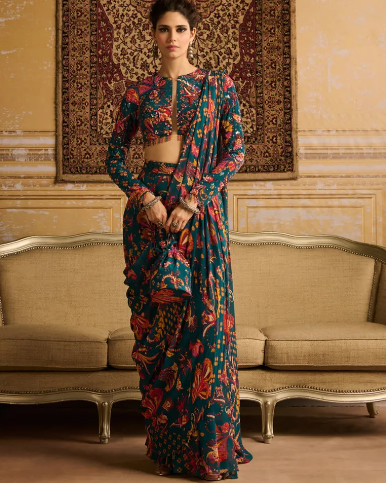 Teal Embroidered Blouse With Pant Sari Set