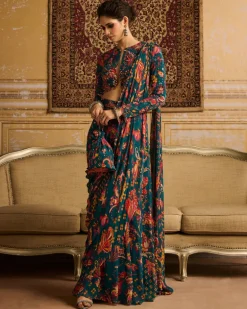 Teal Embroidered Blouse With Pant Sari Set