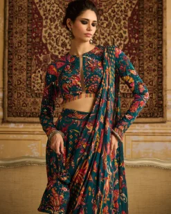 Teal Embroidered Blouse With Pant Sari Set