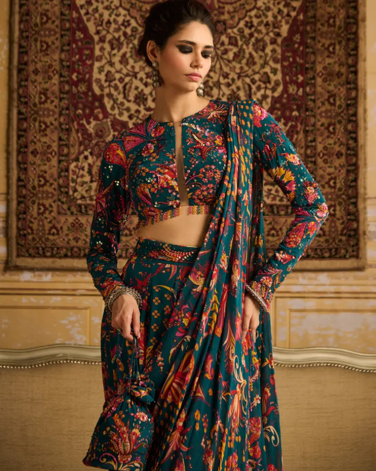 Teal Embroidered Blouse With Pant Sari Set