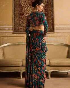 Teal Embroidered Blouse With Pant Sari Set