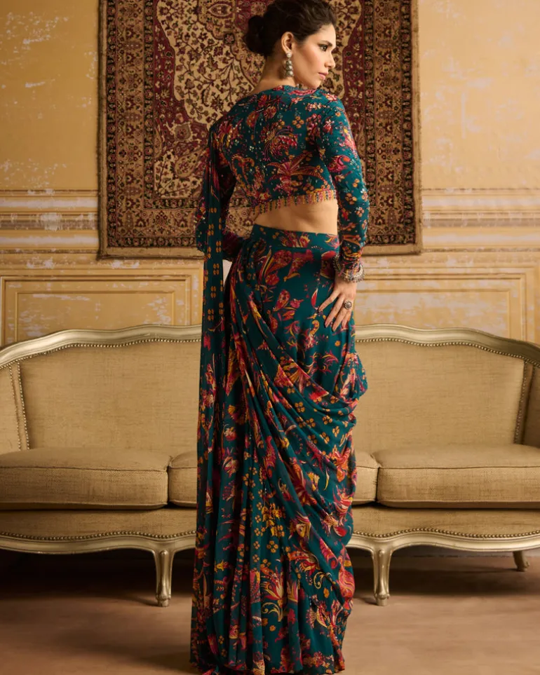 Teal Embroidered Blouse With Pant Sari Set