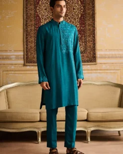 Teal Floral & Geometric Embroidered Kurta With Teal Pants