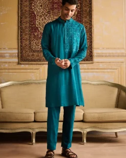 Teal Floral & Geometric Embroidered Kurta With Teal Pants
