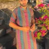 Teal Fuchsia Stripe Print & Embellished Kurta With Solid Teal Pants