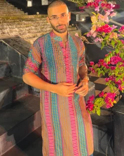 Teal Fuchsia Stripe Print & Embellished Kurta With Solid Teal Pants