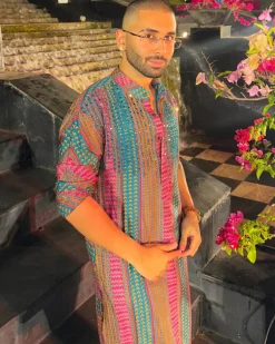 Teal Fuchsia Stripe Print & Embellished Kurta With Solid Teal Pants