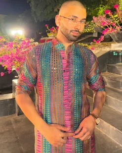 Teal Fuchsia Stripe Print & Embellished Kurta With Solid Teal Pants