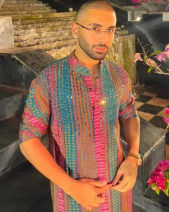 Teal Fuchsia Stripe Print & Embellished Kurta With Solid Teal Pants