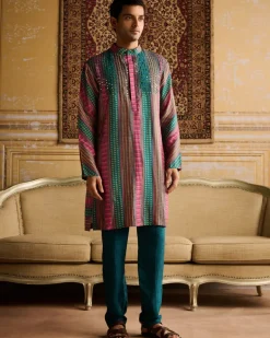 Teal Fuchsia Stripe Print & Embellished Kurta With Solid Teal Pants