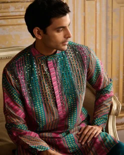 Teal Fuchsia Stripe Print & Embellished Kurta With Solid Teal Pants
