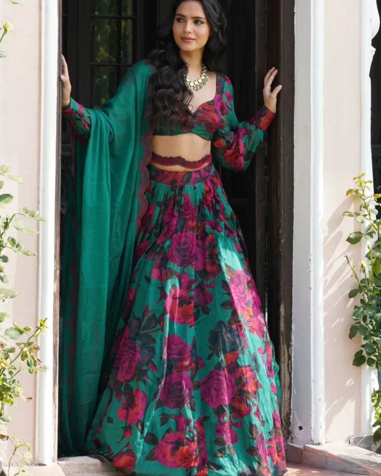 Teal Green Chiffon Floral Lehenga Set