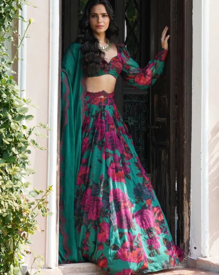 Teal Green Chiffon Floral Lehenga Set