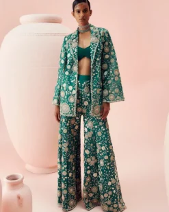 Teal Green Embroidered Jacket And Pants Set