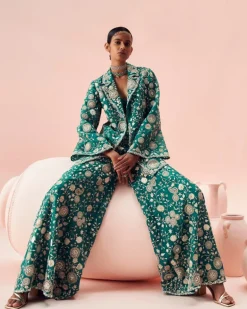 Teal Green Embroidered Jacket And Pants Set