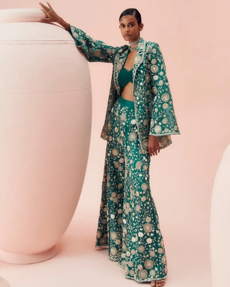 Teal Green Embroidered Jacket And Pants Set