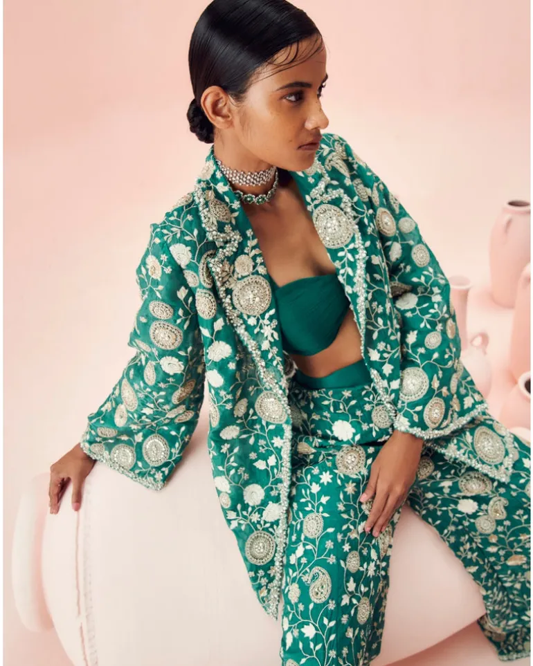 Teal Green Embroidered Jacket And Pants Set