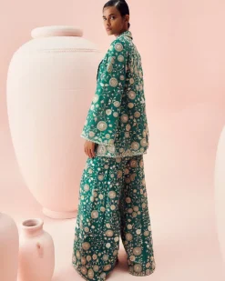 Teal Green Embroidered Jacket And Pants Set