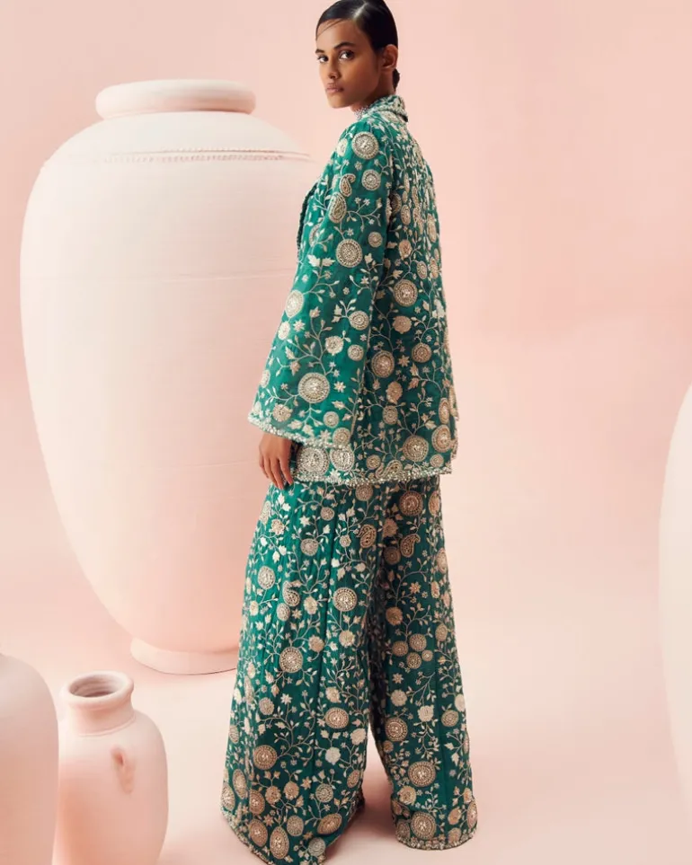 Teal Green Embroidered Jacket And Pants Set