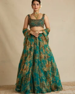 Teal Green Floral Lehenga Set