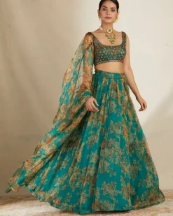 Teal Green Floral Lehenga Set