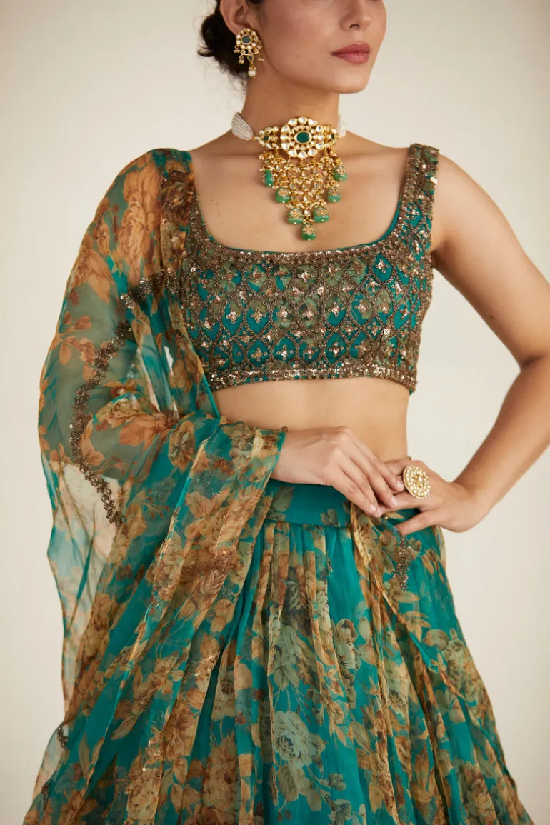 Teal Green Floral Lehenga Set