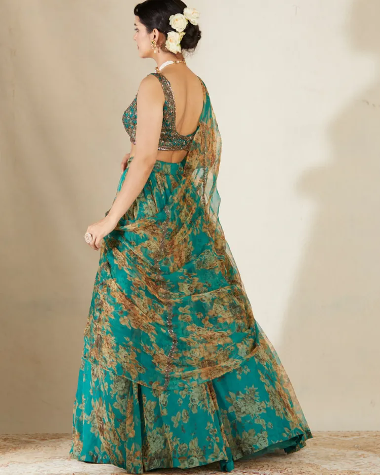 Teal Green Floral Lehenga Set