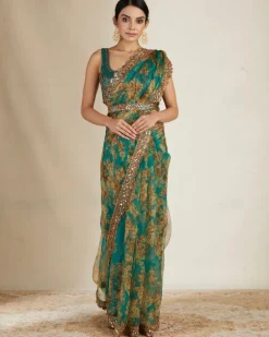 Teal Green Floral Sari Set