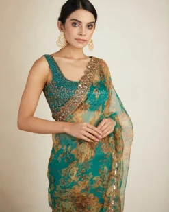 Teal Green Floral Sari Set