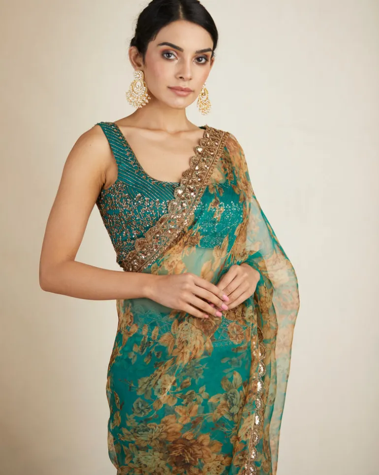 Teal Green Floral Sari Set