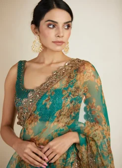 Teal Green Floral Sari Set