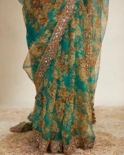 Teal Green Floral Sari Set