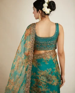 Teal Green Floral Sari Set