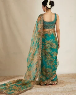 Teal Green Floral Sari Set