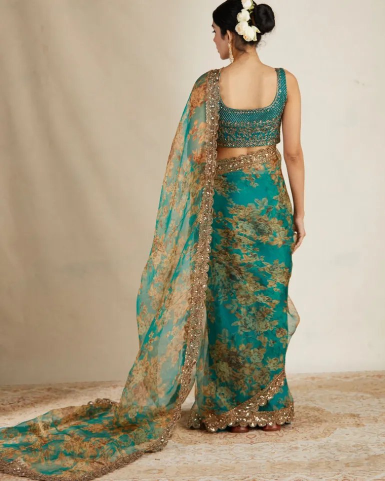 Teal Green Floral Sari Set