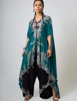 Teal Hand Embroidered Closed Dupatta & Black Drape Pants Set