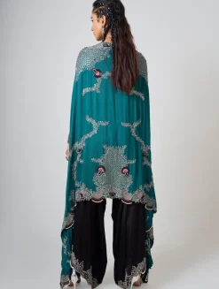 Teal Hand Embroidered Closed Dupatta & Black Drape Pants Set