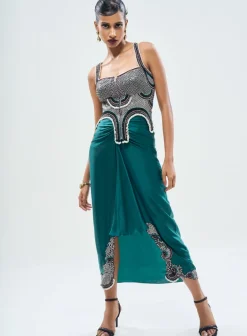 Teal Hand Embroidered Corset & Pick Up Skirt Set