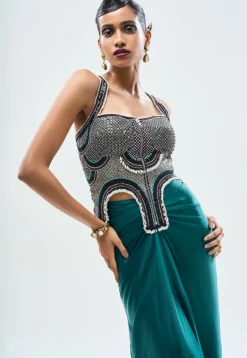 Teal Hand Embroidered Corset & Pick Up Skirt Set