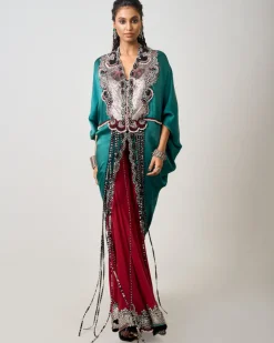 Teal Hand Embroidered Long Kite With Burgundy Gharara Set