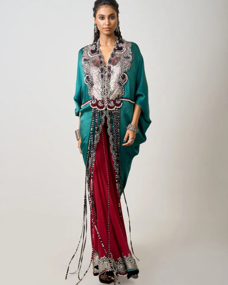 Teal Hand Embroidered Long Kite With Burgundy Gharara Set
